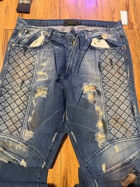 Men's Quilted Panel Distressed Denim Shorts - Blue